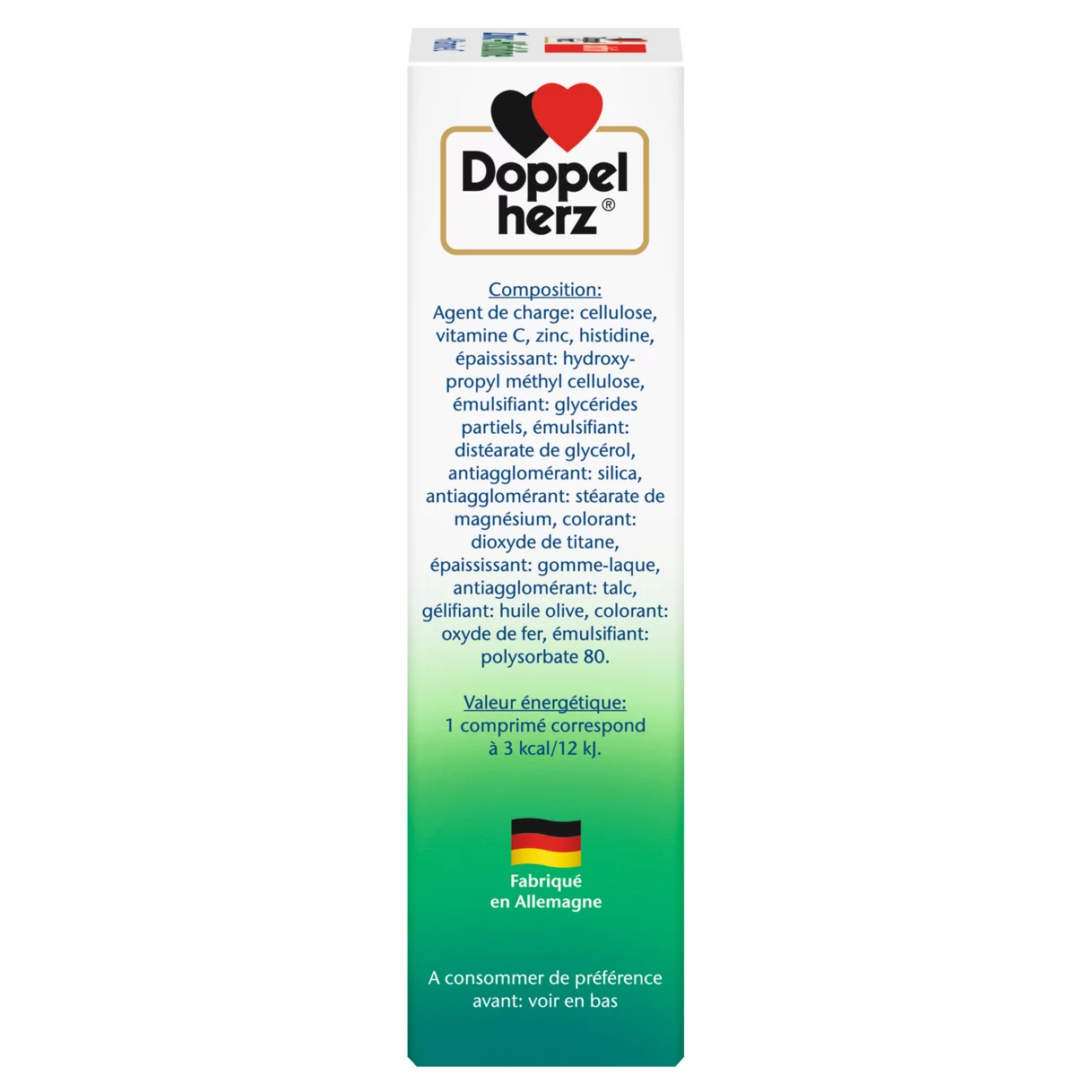 Illustration of the product packaging Doppelherz aktiv Zinc + Histidine side view right